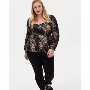 Torrid Blouse Women's 5XL 26/28  Plus Black Floral Skull Sweetheart Neck Peplum
